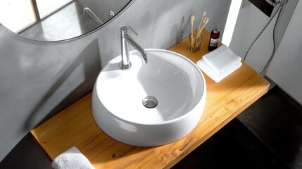 Wall Mural - A simple bathroom setup with a white sink, mirror, and wooden counter