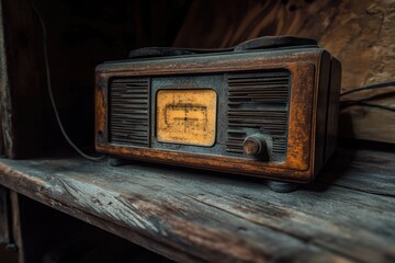 Sticker - Vintage radio sitting on a wooden shelf