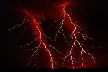 Wall Mural - A pair of lightning bolts illuminated in the dark blue sky, creating a dramatic and intense atmosphere
