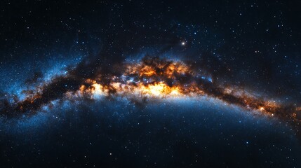 A realistic depiction of the Milky Way galaxy, focusing on its dynamic spiral structure filled with glowing stars and cosmic dust. 