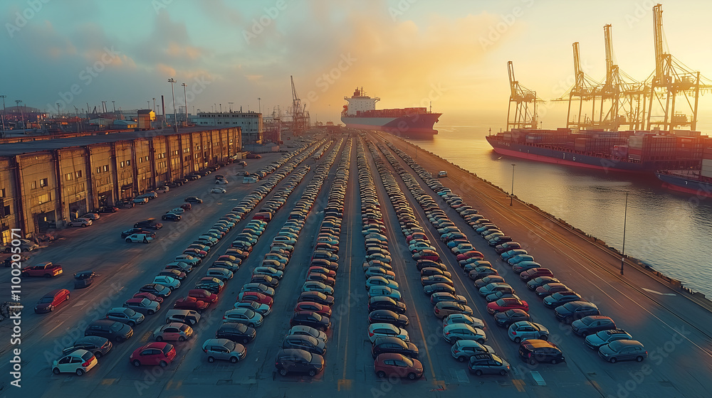 The car carrier ship docking at the harbour and car storage warehouse ...