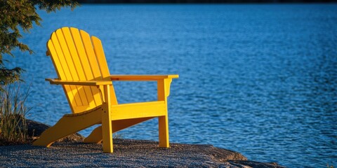 Wall Mural - a yellow chair sits atop a rock overlooking a calm body of water