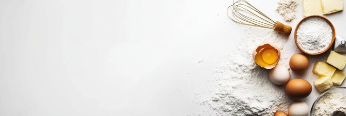 Poster - Flour, eggs, butter, and a whisk are neatly arranged on a white background, leaving space for recipe text or notes. Generative AI