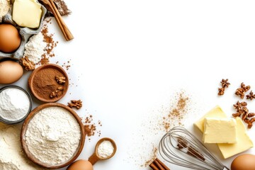 Poster - Various baking ingredients including flour, eggs, and butter are neatly arranged on a white surface, leaving blank space for text. Generative AI