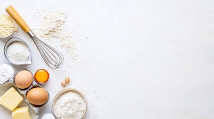 Poster - A collection of essential baking ingredients like flour, eggs, whisk, and butter on a white surface, leaving room for additional text. Generative AI