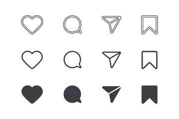Leinwandbilder - Social media icons. Like, heart, message, send, share, forward, bookmark, pin sign symbols