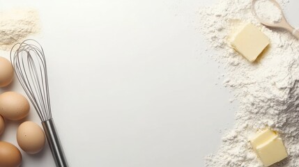 Poster - Flour, eggs, a whisk, and butter are arranged neatly on a white background, providing a clean layout for baking inspiration and recipes. Generative AI