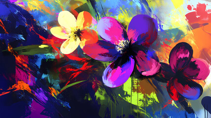 Wall Mural - digital illustration of flowers and colorful shapes done in an abstract expressionism style, concept