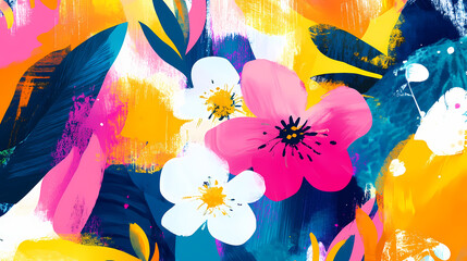 Wall Mural - digital illustration of flowers and colorful shapes done in an abstract expressionism style, concept