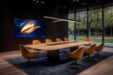 Wall Mural - Modern Wooden Conference Room with Table, Chairs, TV Screen, and Panoramic Window