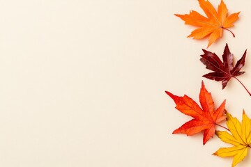 Aufkleber - A clean design of three falling leaves in varying shades of orange, red, and yellow, set against a plain beige background