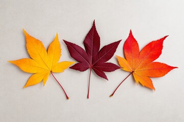 Aufkleber - A clean design of three falling leaves in varying shades of orange, red, and yellow, set against a plain beige background