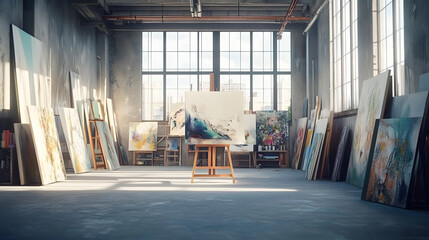 Wall Mural - A large, empty art studio with an easel displaying an abstract painting and multiple paintings leaning against the walls, with natural light shining in from windows.