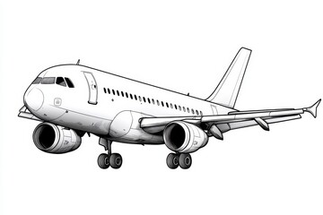 Poster - A minimalist line art depiction of an airplane in flight, with clean, simple shapes and a white background