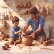 © Espresso - A joyful father and son, both smiling, create pottery together in a sunlit workshop, bonding through craftsmanship.