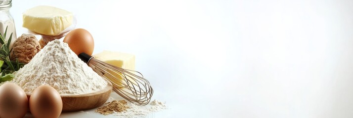 Poster - Flour, eggs, butter, and a whisk are artistically displayed on a white background, providing a perfect setup for recipes or baking tips. Generative AI