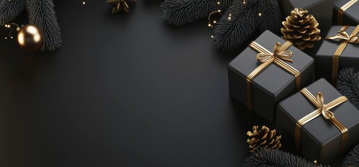 Wall Mural - dark holiday background with black and gold christmas gifts