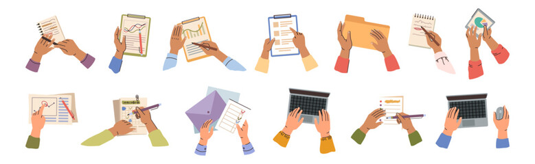 People working with documentations, folders and laptops, planning and brainstorming. Vector isolated hands with declarations and computers, top view. Students or office workers studying or working