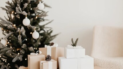 Wall Mural - Cozy Christmas setup with presents near a beautifully decorated tree in a warm living room