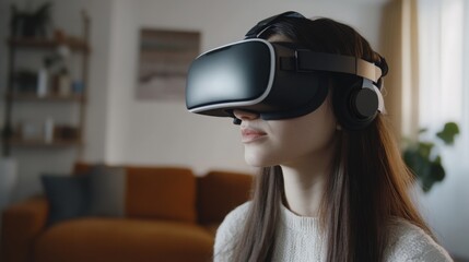 Aufkleber - A young woman engages deeply with a virtual reality headset, completely immersed in her experience while seated in a comfortable living room filled with natural light.