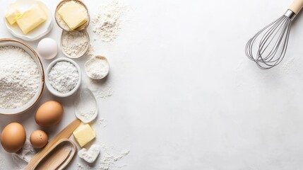 Poster - Essential baking ingredients like flour, eggs, butter, and a whisk are neatly arranged on a clean white background with room for text. Generative AI