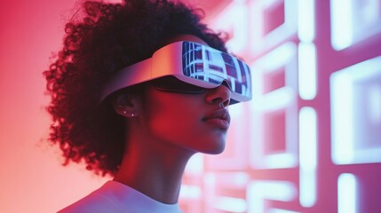 Poster - A woman with curly hair wears white VR goggles and looks straight ahead, standing in front of a pink and white wall with light fixtures. The woman has a serious expression on her face.