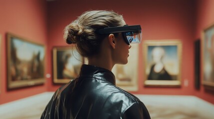 Poster - A person is engaged in an art gallery, wearing augmented reality glasses while observing classic artworks.