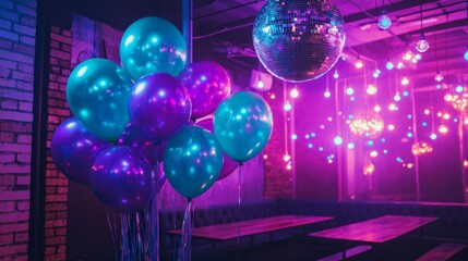 Wall Mural - Purple and teal balloons in a 90s themed party room generative ai