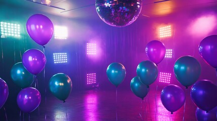 Wall Mural - Purple and teal balloons in a 90s themed party room generative ai