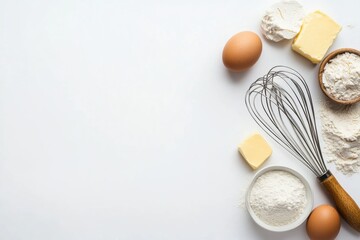 Poster - Baking essentials such as flour, eggs, a whisk, and butter neatly arranged, leaving space for additional text or recipe details. Generative AI