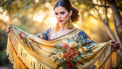 Elegant woman showcasing a traditional yellow shawl with floral patterns in a sunlit outdoor setting with copy space