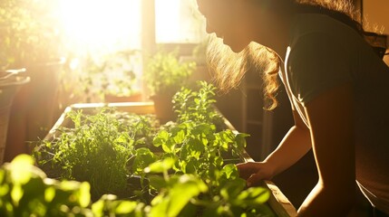 Poster - In a sunlit indoor space, a woman leans closer to her thriving herb garden, carefully nurturing her plants. The warm light creates a serene atmosphere, highlighting the freshness of the greenery.