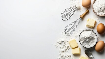 Poster - Flour, eggs, butter, and a whisk are neatly arranged on a blank white background, providing an ideal setting for baking tips or recipes. Generative AI