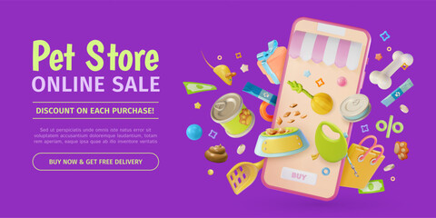 Naklejka na meble 3d Pet Shop Online Sale Concept Ads Banner Promotion Poster Card. Vector illustration of Mobile Phone App and Different Products