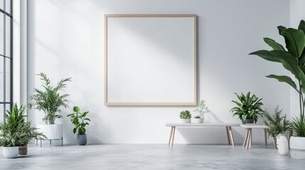 Wall Mural - A white room with a large framed white wall and a white bench