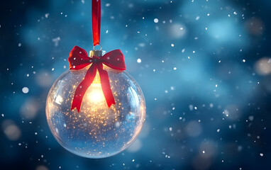 Wall Mural - A glowing, transparent Christmas ornament with a red bow hangs against a blue snowy backdrop.