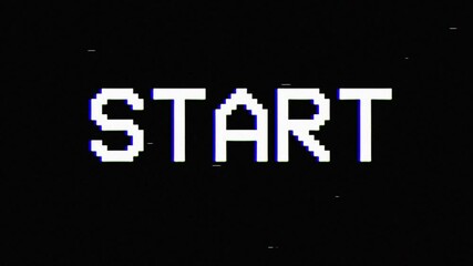 start. digital glitch 8-bit pixel text animation with distortion effect looped, computer software concept motion background