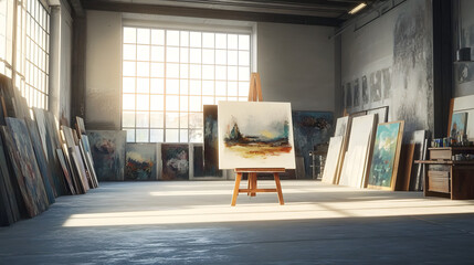 Wall Mural - A large, empty art studio with an easel displaying an abstract painting and multiple paintings leaning against the walls, with natural light shining in from windows.