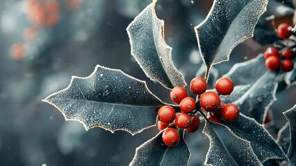 Sticker - Frosted holly leaves and berries, with the smooth, shiny texture of the berries contrasting the crisp, frosted leaves. . 4K Video