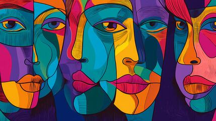 Abstract faces illustration in vibrant colors, cubism style collage for wallpaper, background design, art print. generative ai. abstract cubism. illustration. Cubism. Illustration