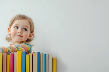 Poster - A young child gazes curiously at a line of books of different colors and sizes resting against a white background, encouraging exploration. Generative AI