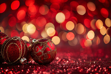 Wall Mural - festive red and gold christmas ornaments with sparkling bokeh background