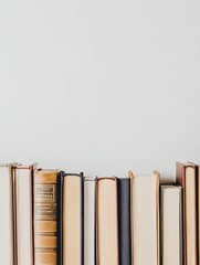 Poster - A diverse collection of books stands in a neat line against a plain white backdrop, inviting readers to explore different genres and stories. Generative AI