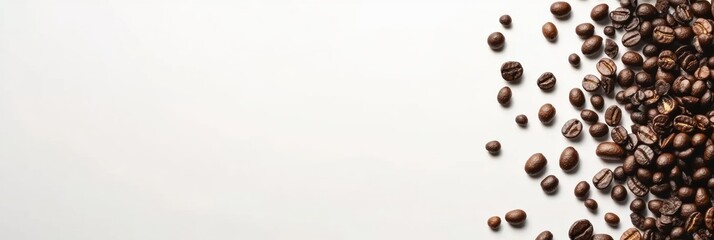 Poster - Various coffee beans spread out on a clean white background, leaving space on the right for additional text and design options. Generative AI