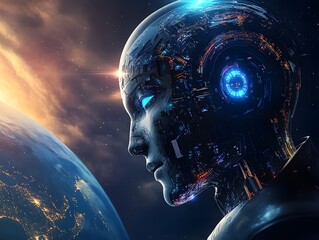 Fototapete - Futuristic Robot Head with City Lights Against Earth and Starry Universe in Background, Symbolizing Advanced Technology and Artificial Intelligence