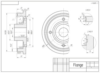 Wall Mural - Vector mechanical part of machine - flange.
Engineering assembly drawing of steel device
with dimension lines. Industrial technic 
cad scheme on white paper sheet. Machined tool
with through holes. 