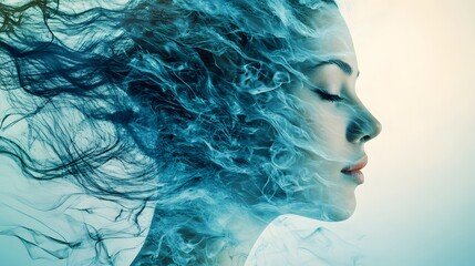 Poster - Ethereal Portrait of a Woman with Flowing Hair and Smoke, Capturing the Essence of Dreams and Imagination in a Surreal Art Concept