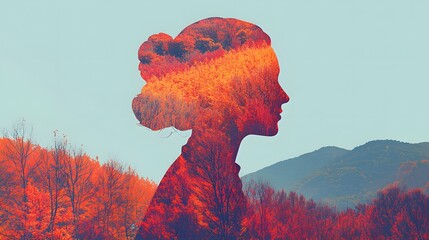 Poster - Ethereal Double Exposure Portrait of a Woman with Autumn Landscape Merging in the Background, Capturing Nature's Beauty and Human Connection with Serenity