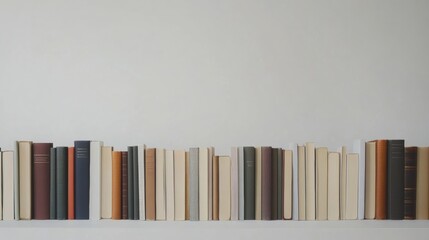 Poster - Various books showcasing multiple genres are displayed in a linear arrangement against a clean white backdrop, inviting exploration and reading. Generative AI