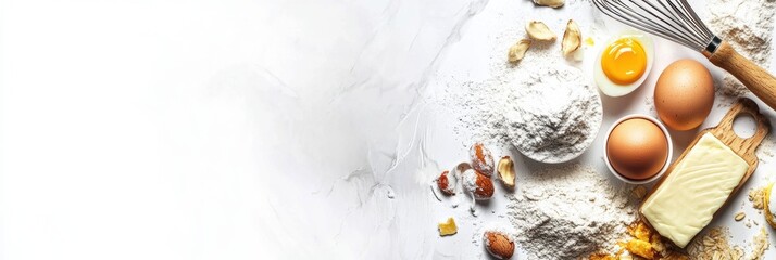 Poster - Flour, eggs, a whisk, and butter are neatly arranged, providing all essentials for baking a delightful treat in a cozy kitchen setting. Generative AI
